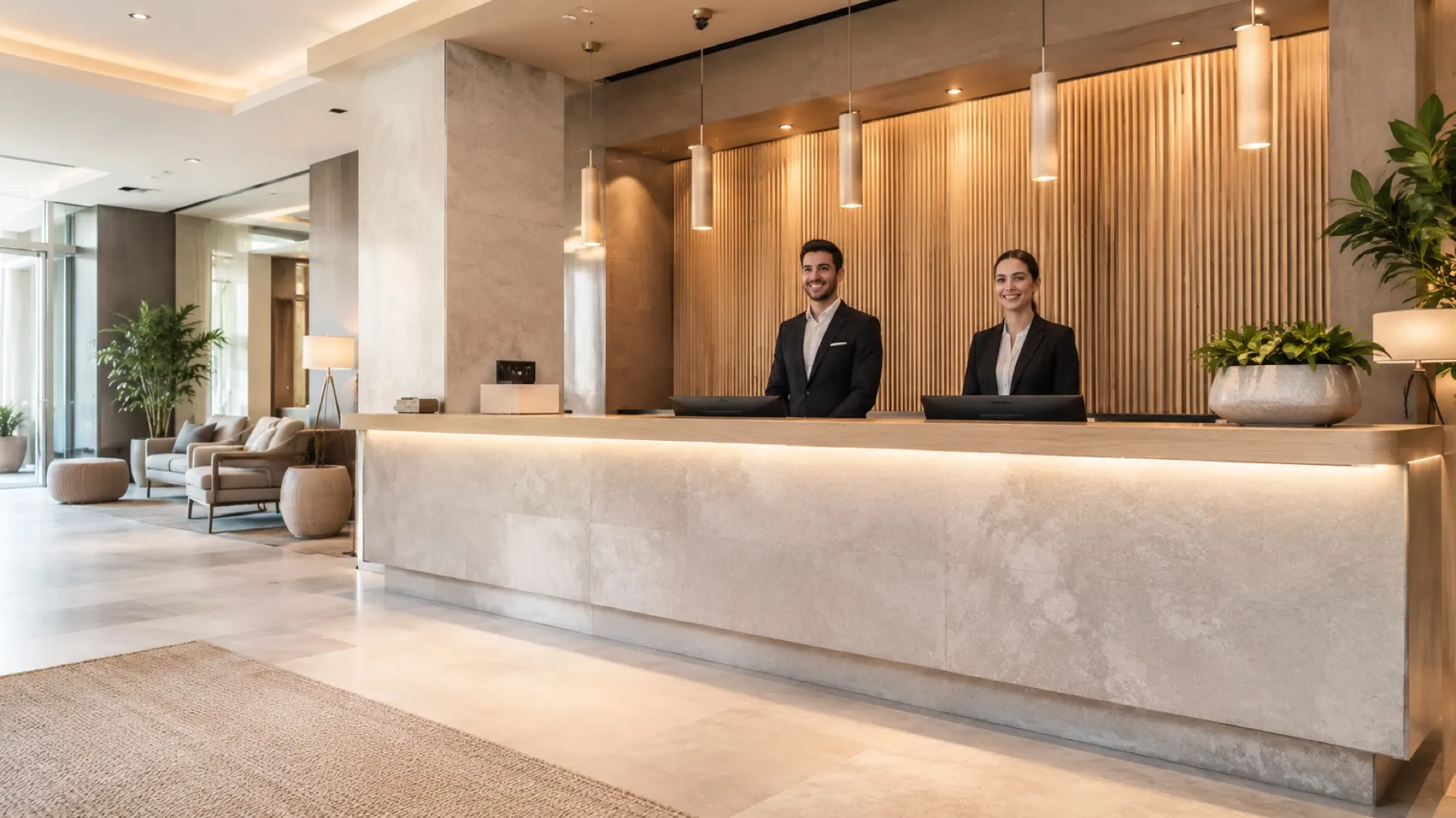 Front desk team smiling at the counter of a modern hotel
